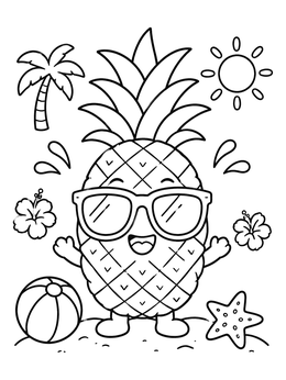 Free printable Happy Pineapple With Sunglasses On The Beach coloring page