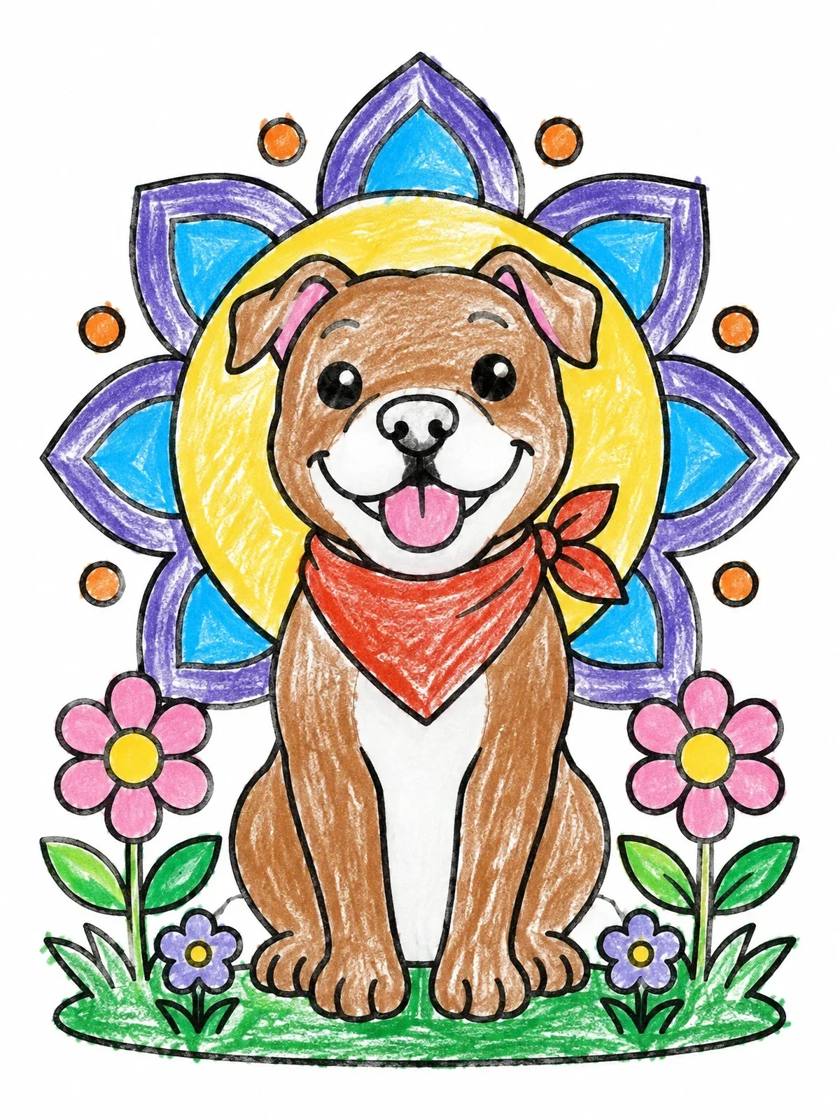 Colored example of the Happy Pitbull Puppy With Bandana coloring page