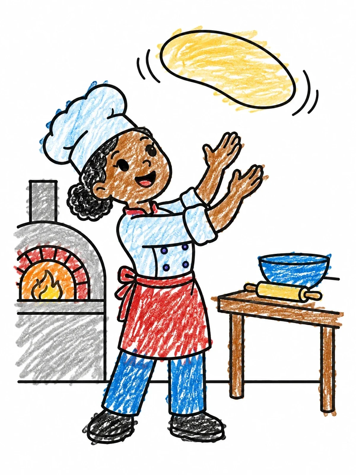 Colored example of the Happy Pizza Chef Tossing Dough coloring page