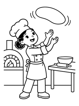 Free printable Happy Pizza Chef Tossing Dough coloring page
