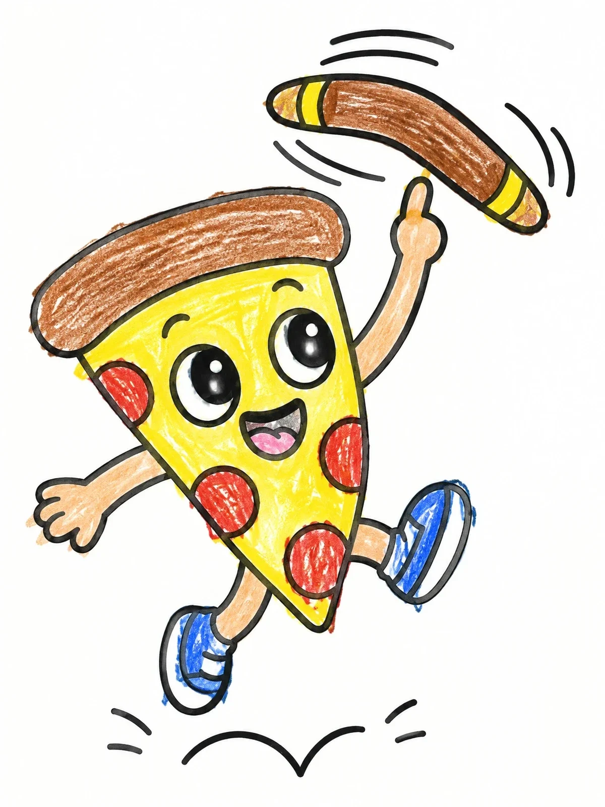 Colored example of the Happy Pizza Slice With Boomerang coloring page