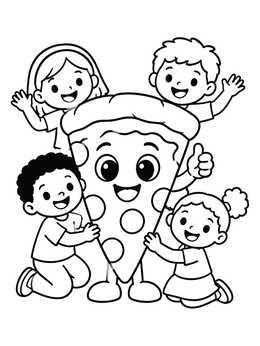 Free printable Happy Pizza Slice With Cheerful Kids coloring page