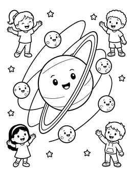 Kids cheering around smiling planet and moons in this uranus coloring page.