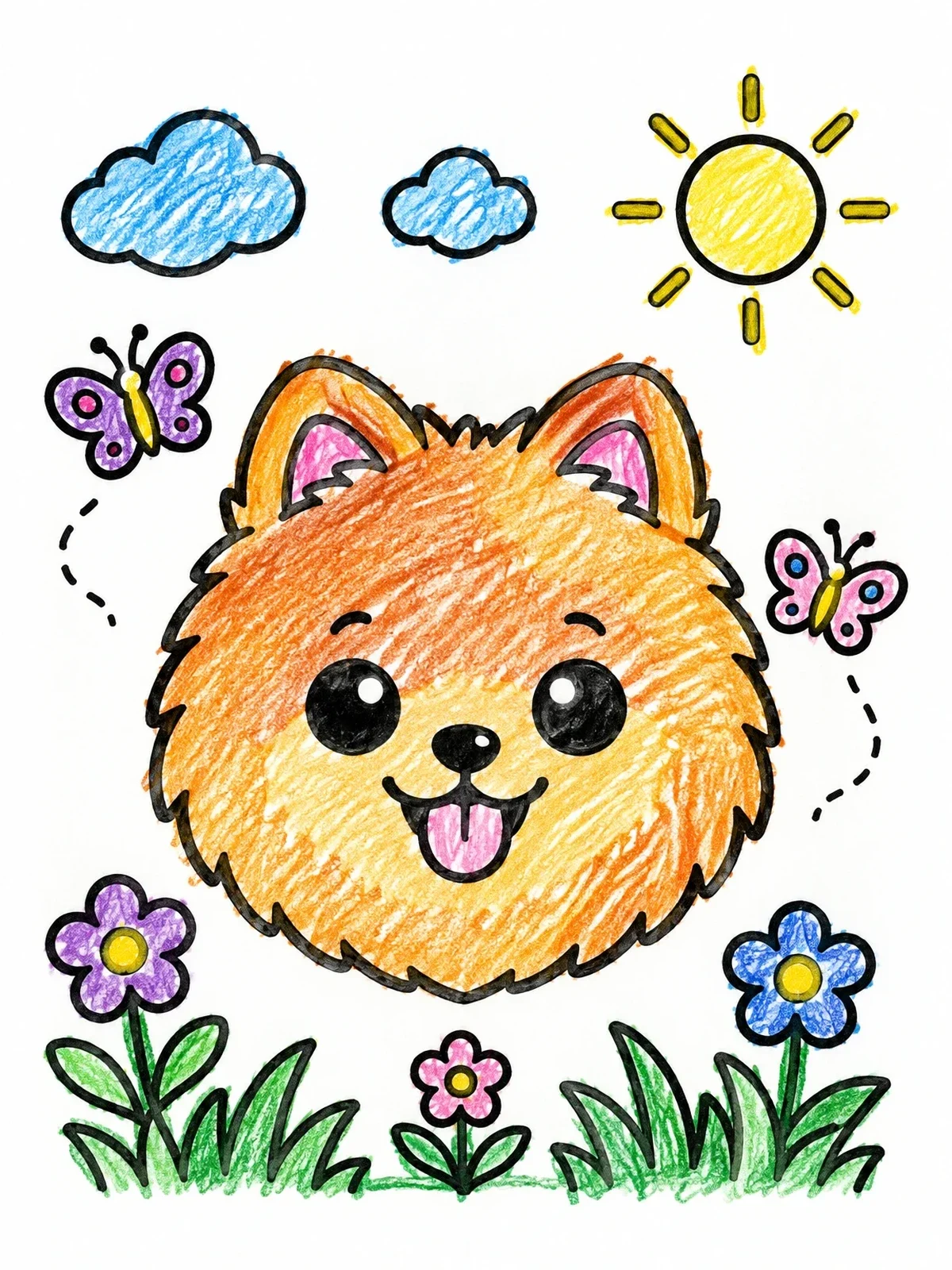 Colored example of the Happy Pomeranian Face In The Garden coloring page