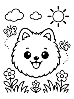 Free printable Happy Pomeranian Face In The Garden coloring page