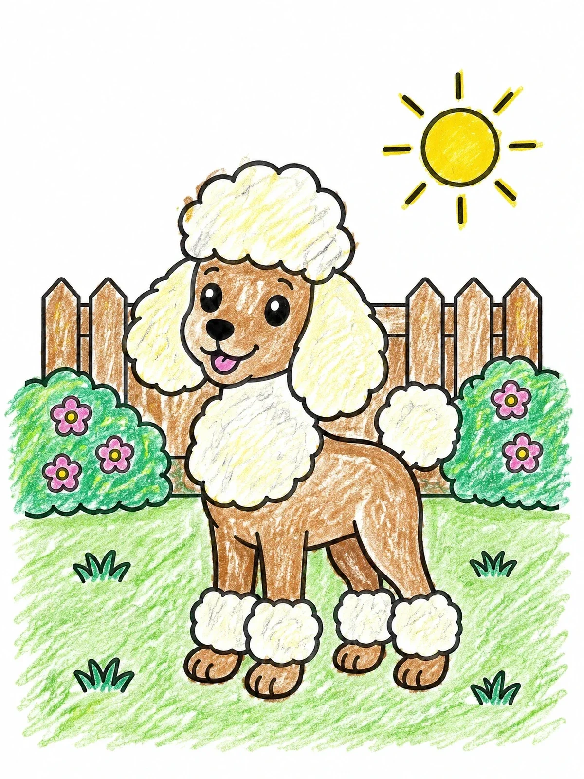 Colored example of the Happy Poodle In The Sunny Garden coloring page