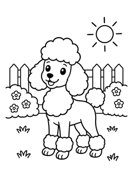 Free printable Happy Poodle In The Sunny Garden coloring page