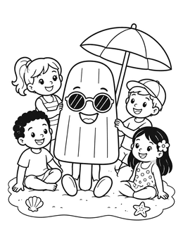 Free printable Happy Popsicle At The Beach With Kids coloring page