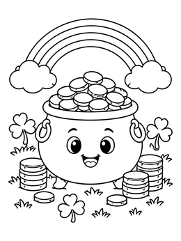 Free printable Happy Pot Of Gold Under Rainbow coloring page
