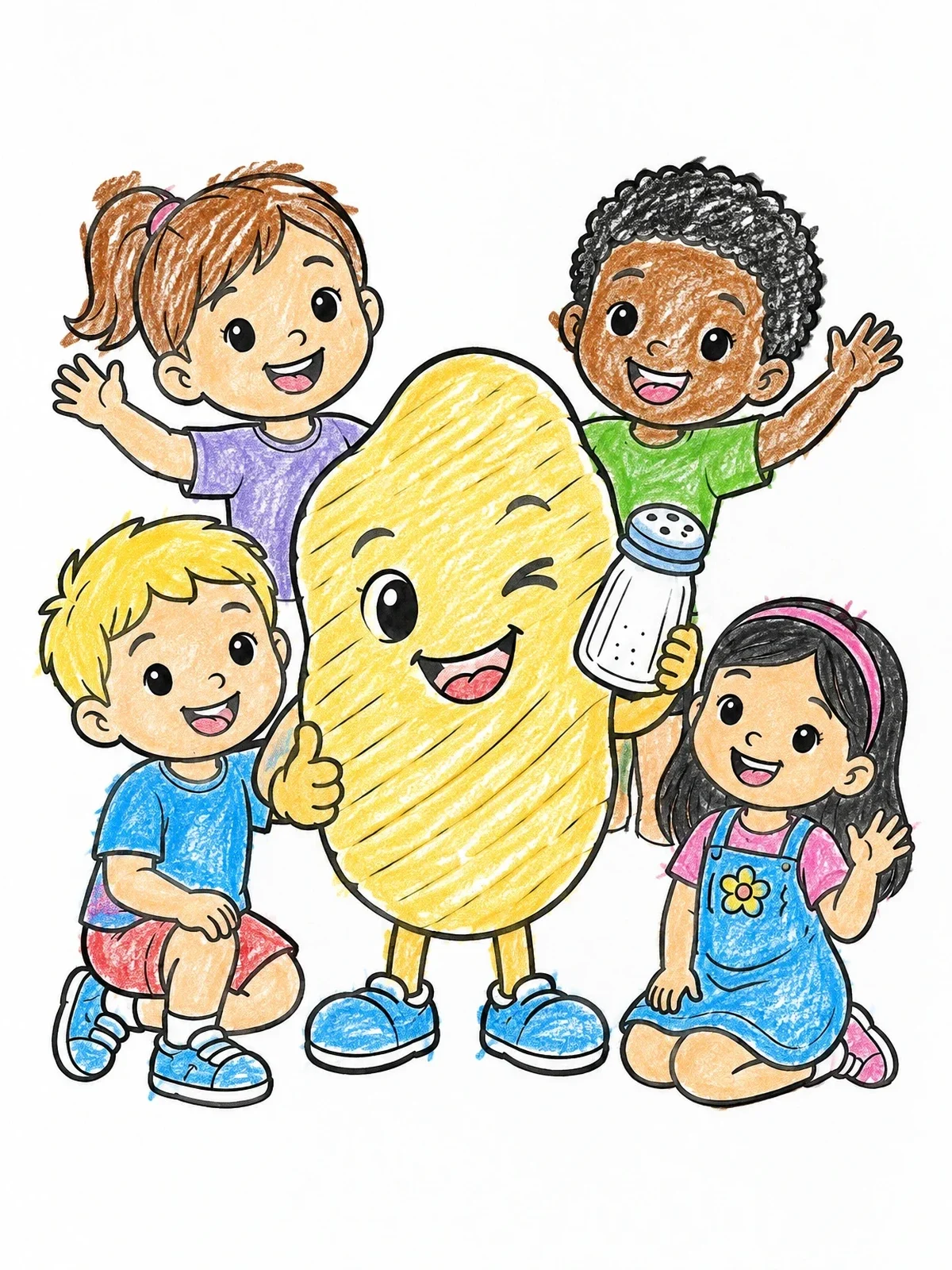 Colored example of the Happy Potato Chip With Cheerful Kids coloring page