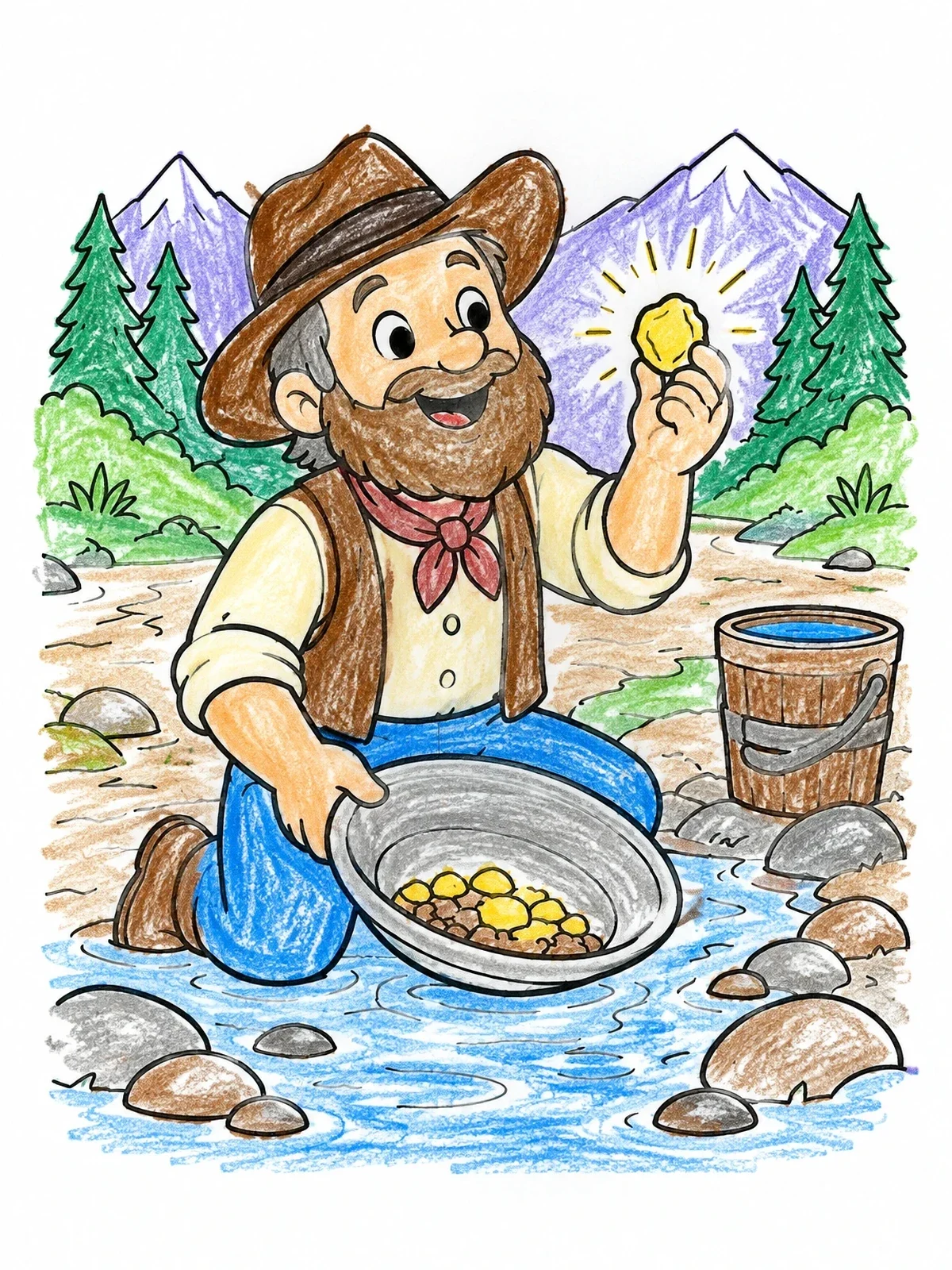 Colored example of the Happy Prospector Finding Gold coloring page