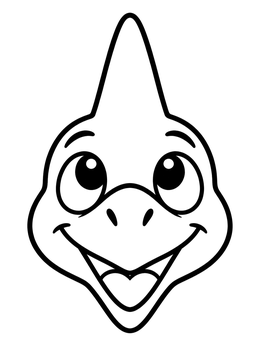 A cheerful pterodactyl coloring page showing a friendly dinosaur face looking up with wide eyes.