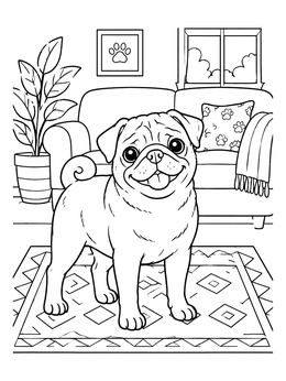 Free printable Happy Pug In Living Room coloring page