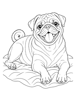 A cheerful pug coloring page showing the dog panting happily on a soft cushion.