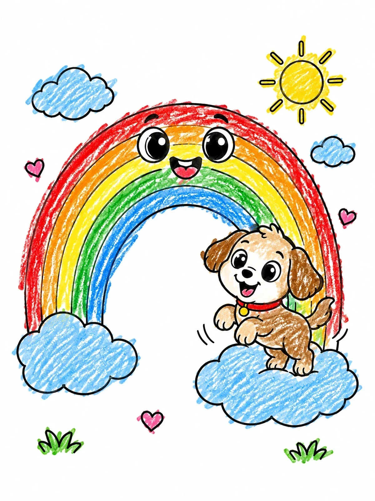 Colored example of the Happy Puppy On Rainbow Cloud coloring page