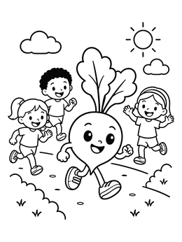 Free printable Happy Radish Running With Children coloring page