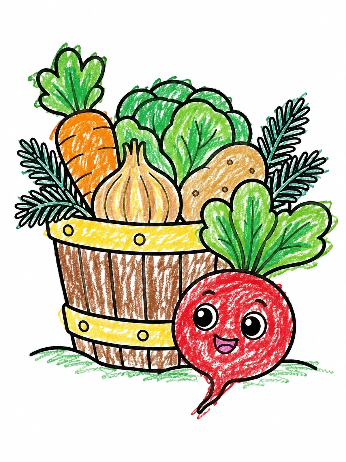 Colored example of the Happy Radish And Harvest Basket coloring page