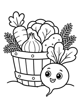 A cheerful radish smiles by a vegetable coloring page basket filled with produce.