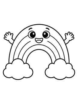 A cheerful cartoon rainbow with clouds features in this may coloring page.