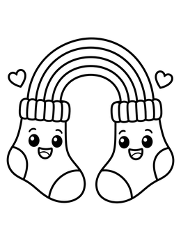 A cheerful socks coloring page featuring two smiling socks joined by a bright rainbow arch.