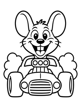A cheerful cartoon rat coloring page driving a fast little car with big wheels.