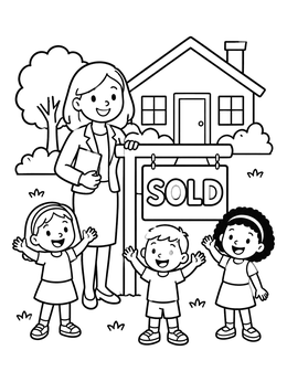 Free printable Happy Realtor And Children With Sold Sign coloring page