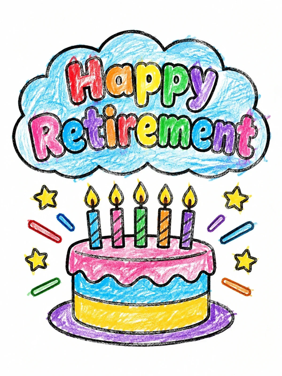 Colored example of the Happy Retirement Celebration Cake coloring page