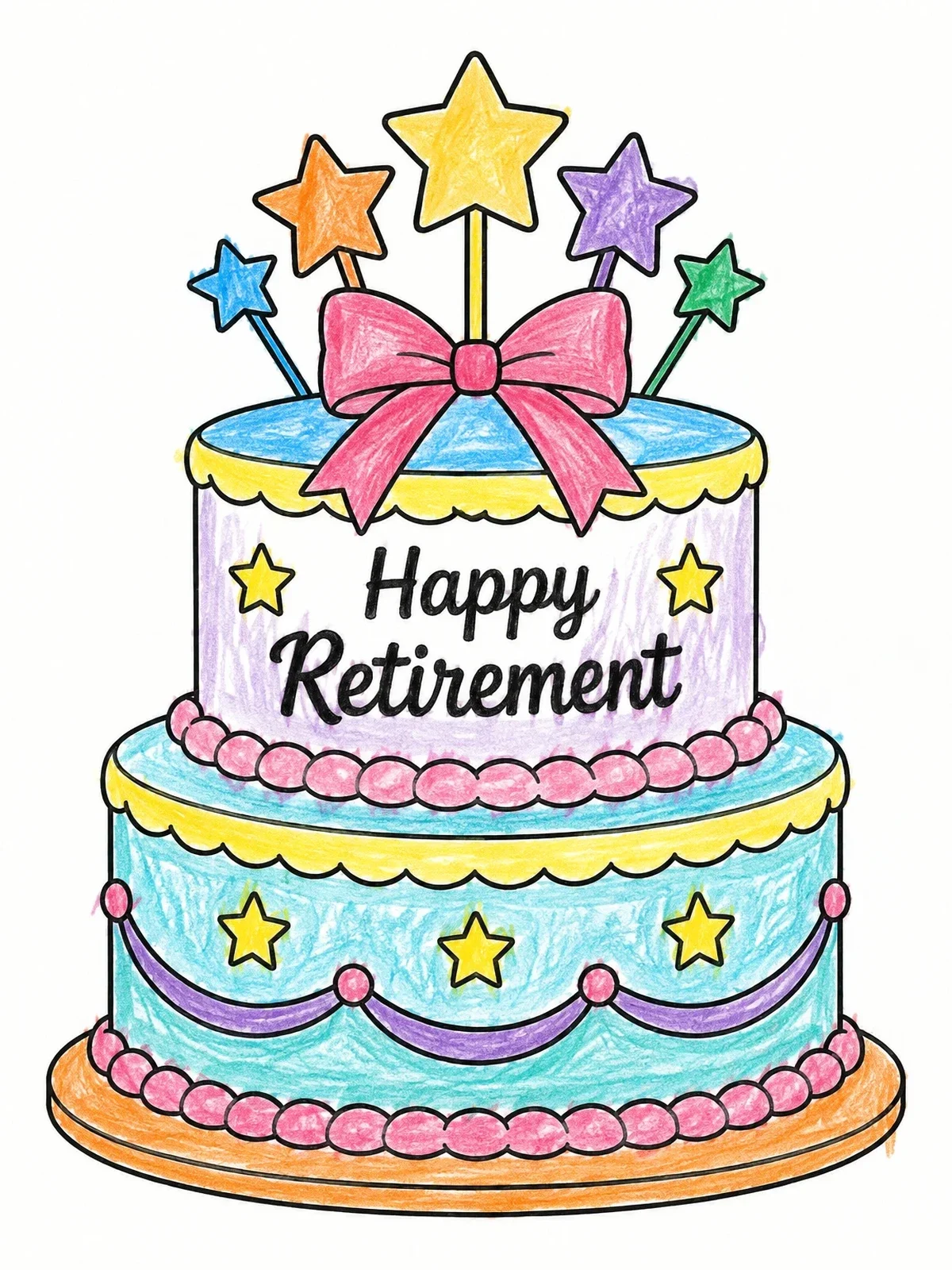 Colored example of the Happy Retirement Celebration Cake coloring page