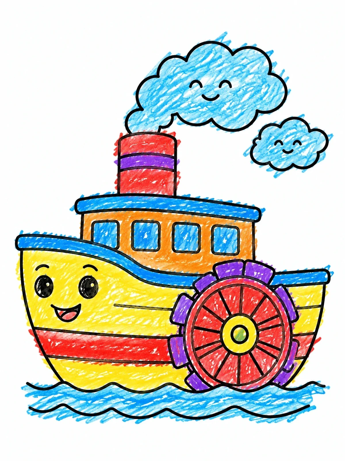 Colored example of the Happy River Steamboat With Paddle Wheel coloring page