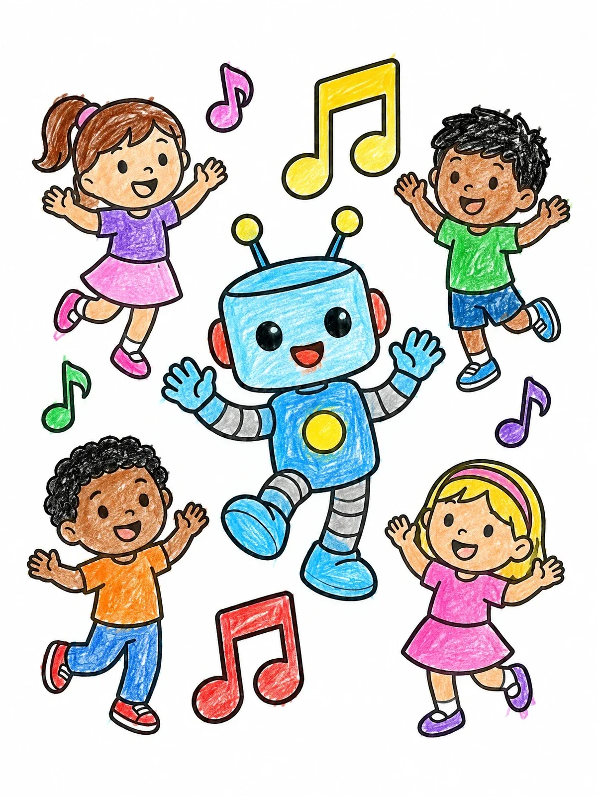 Colored example of the Happy Robot Dancing With Kids coloring page