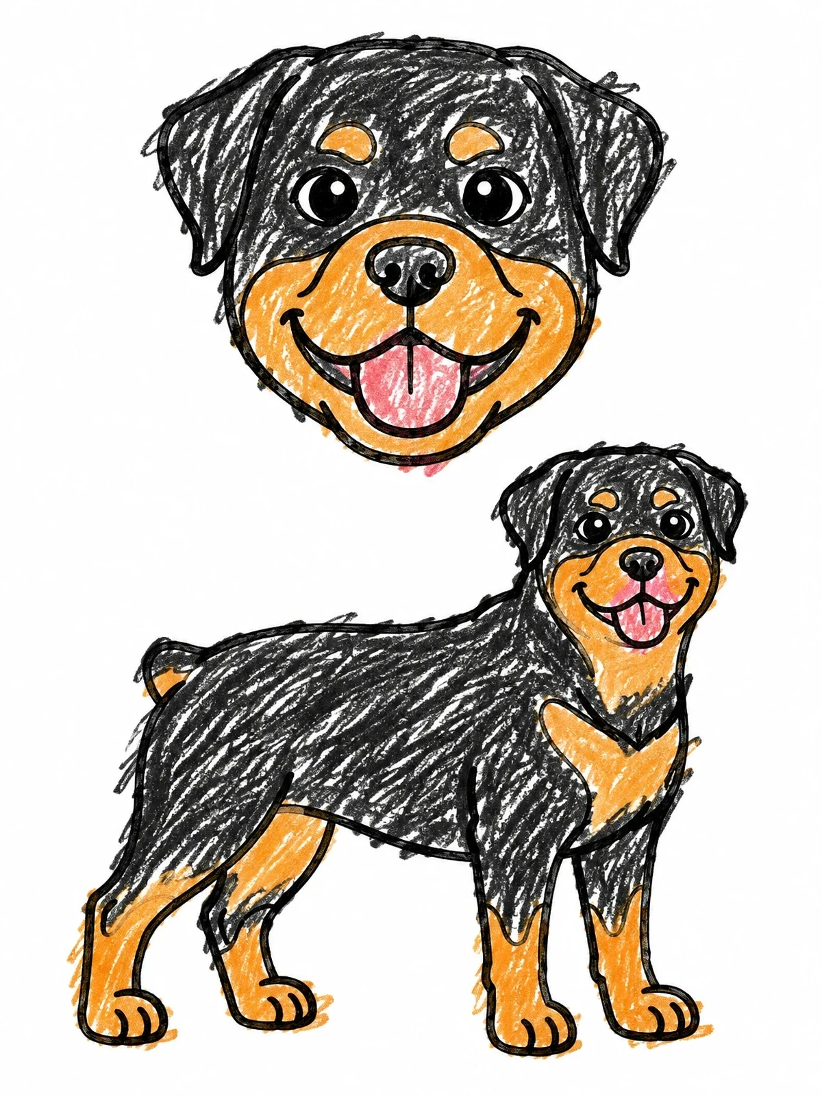 Colored example of the Happy Rottweiler Dog And Portrait coloring page