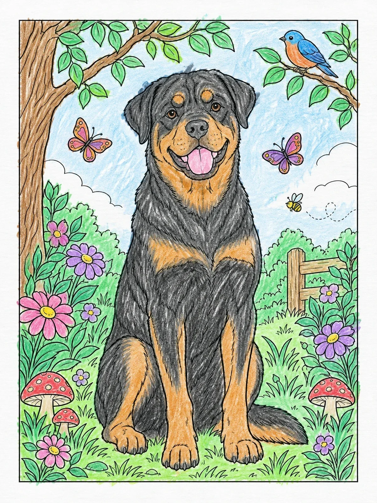 Colored example of the Happy Rottweiler In Garden coloring page