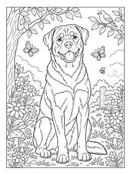 Free printable Happy Rottweiler In Garden coloring page