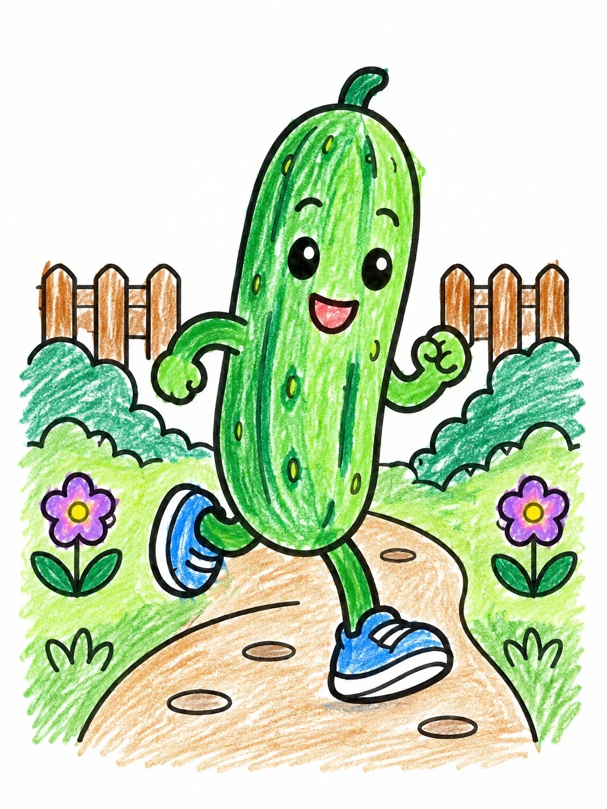 Colored example of the Happy Running Cucumber In Garden coloring page