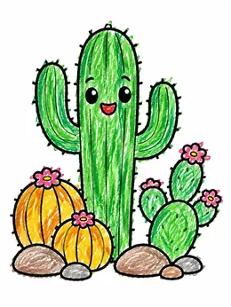 Happy Saguaro Cactus In Desert Garden Coloring Page