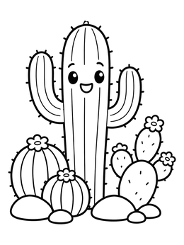 Free printable Happy Saguaro Cactus In Desert Garden coloring page