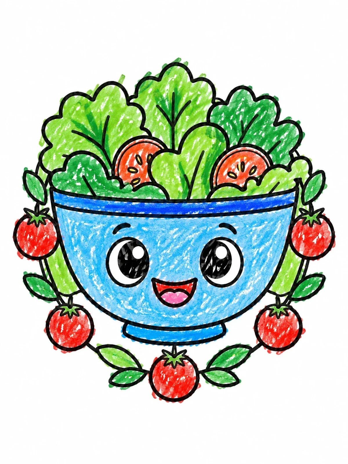 Colored example of the Happy Salad Bowl With Tomatoes coloring page
