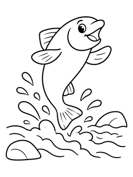 A cheerful salmon leaps from the river rapids on this salmon coloring page.