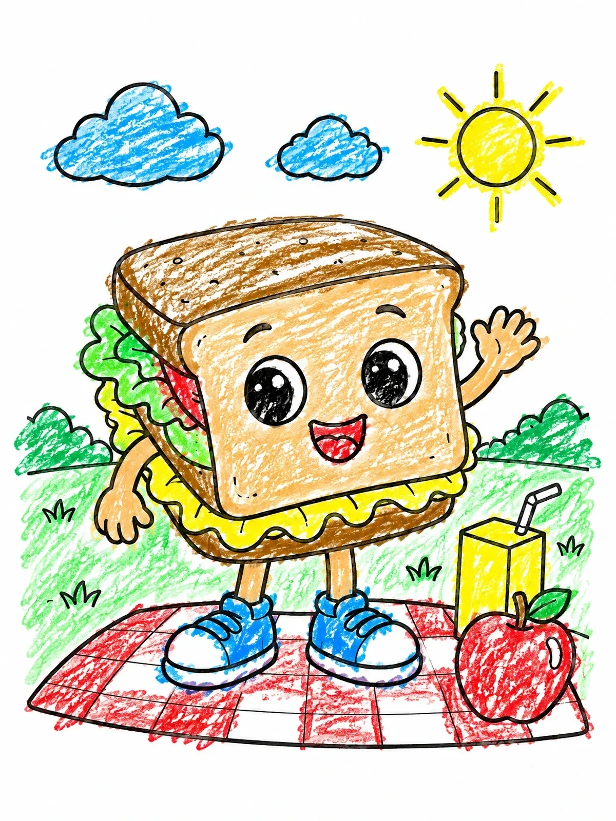 Colored example of the Happy Sandwich On A Picnic Blanket coloring page