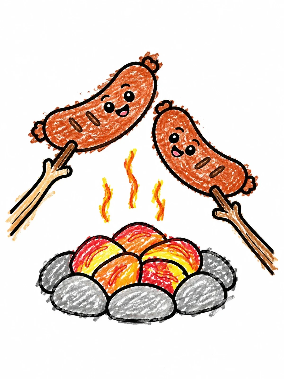 Colored example of the Happy Sausages Roasting Over Embers coloring page