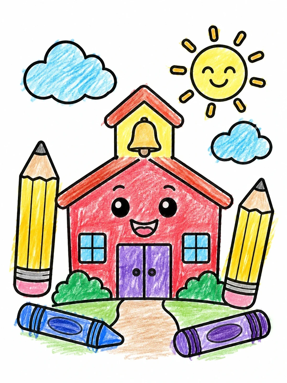 Colored example of the Happy Schoolhouse With Crayons And Pencils coloring page