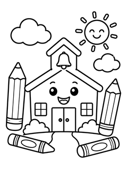 Free printable Happy Schoolhouse With Crayons And Pencils coloring page