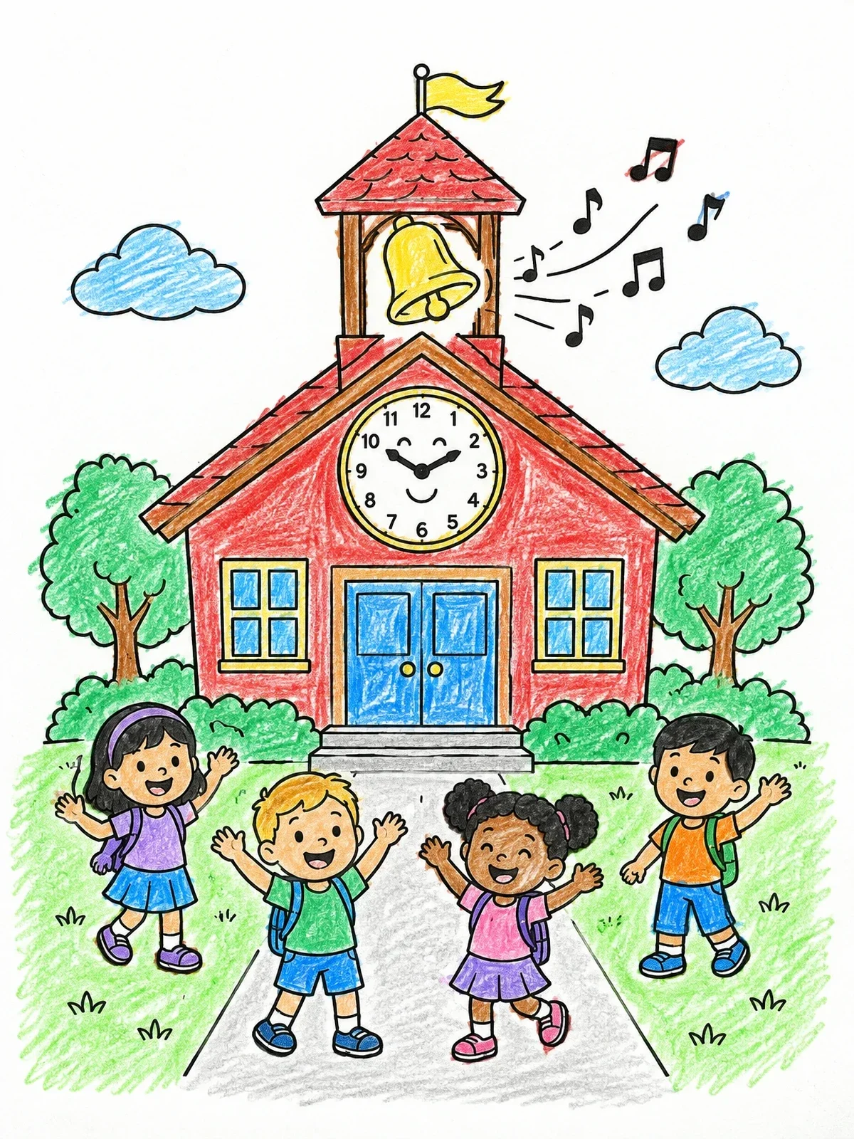 Colored example of the Happy Schoolhouse With Ringing Bell coloring page