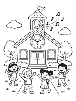 Free printable Happy Schoolhouse With Ringing Bell coloring page
