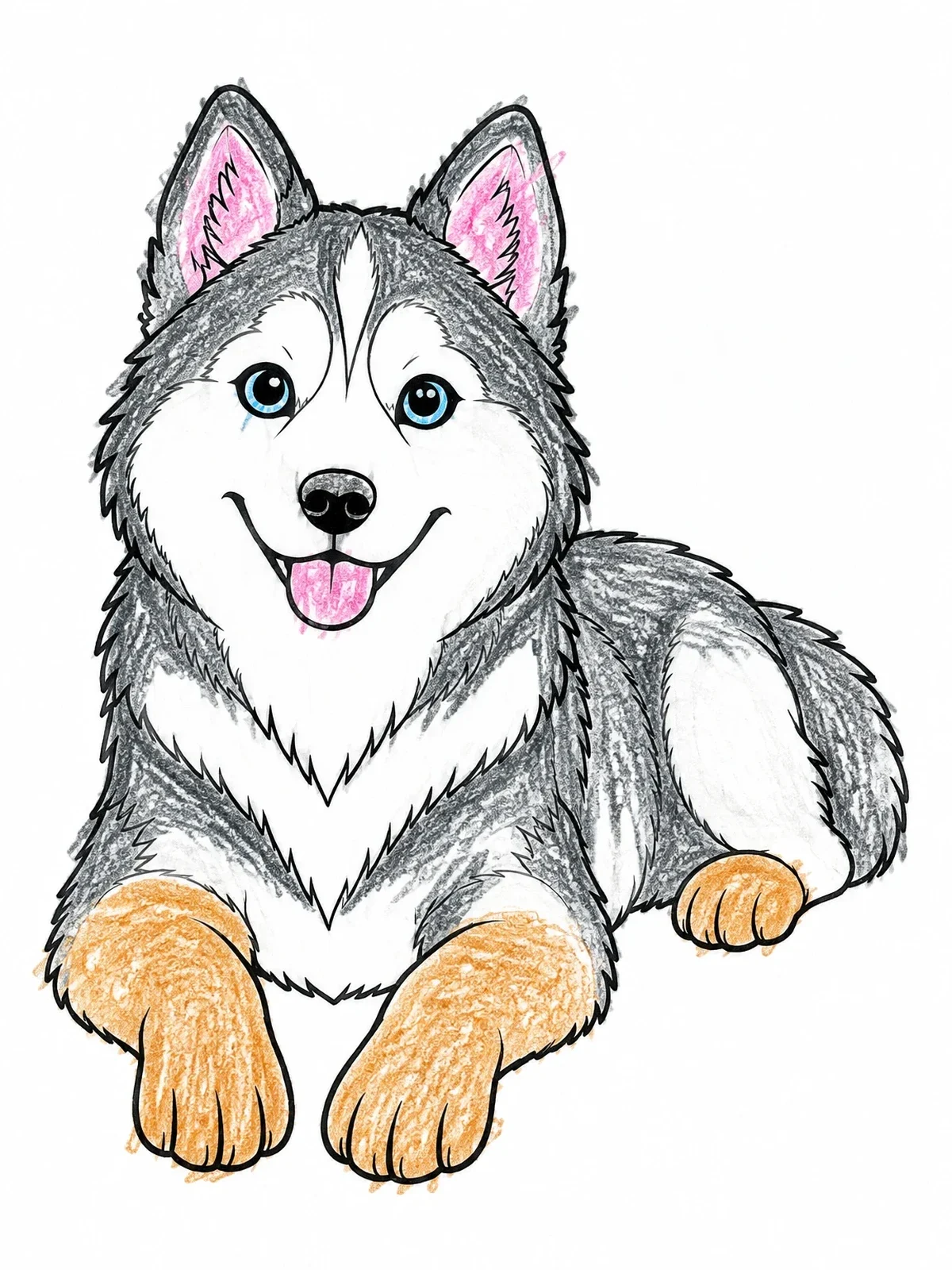 Colored example of the Happy Siberian Husky Lying Down coloring page