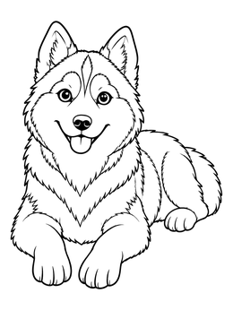 A cheerful puppy in this husky coloring page rests comfortably on the ground.