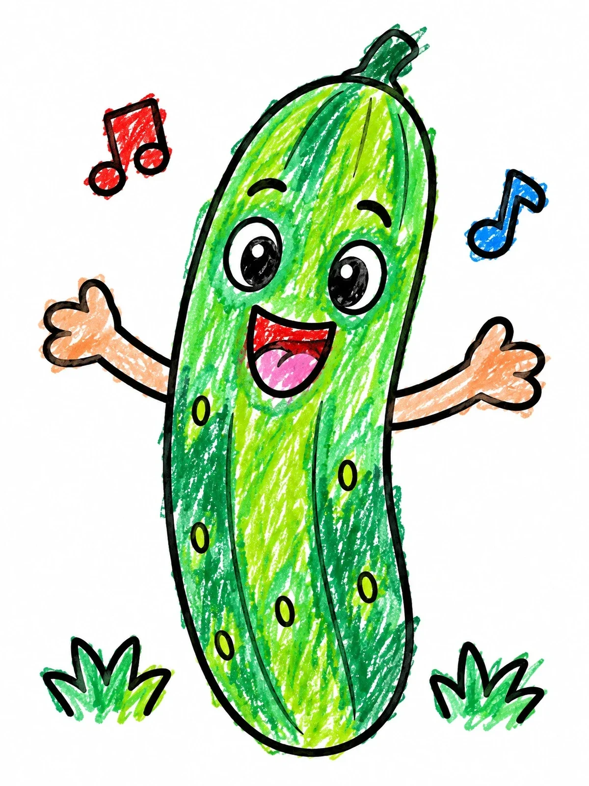 Colored example of the Happy Singing Cartoon Cucumber coloring page