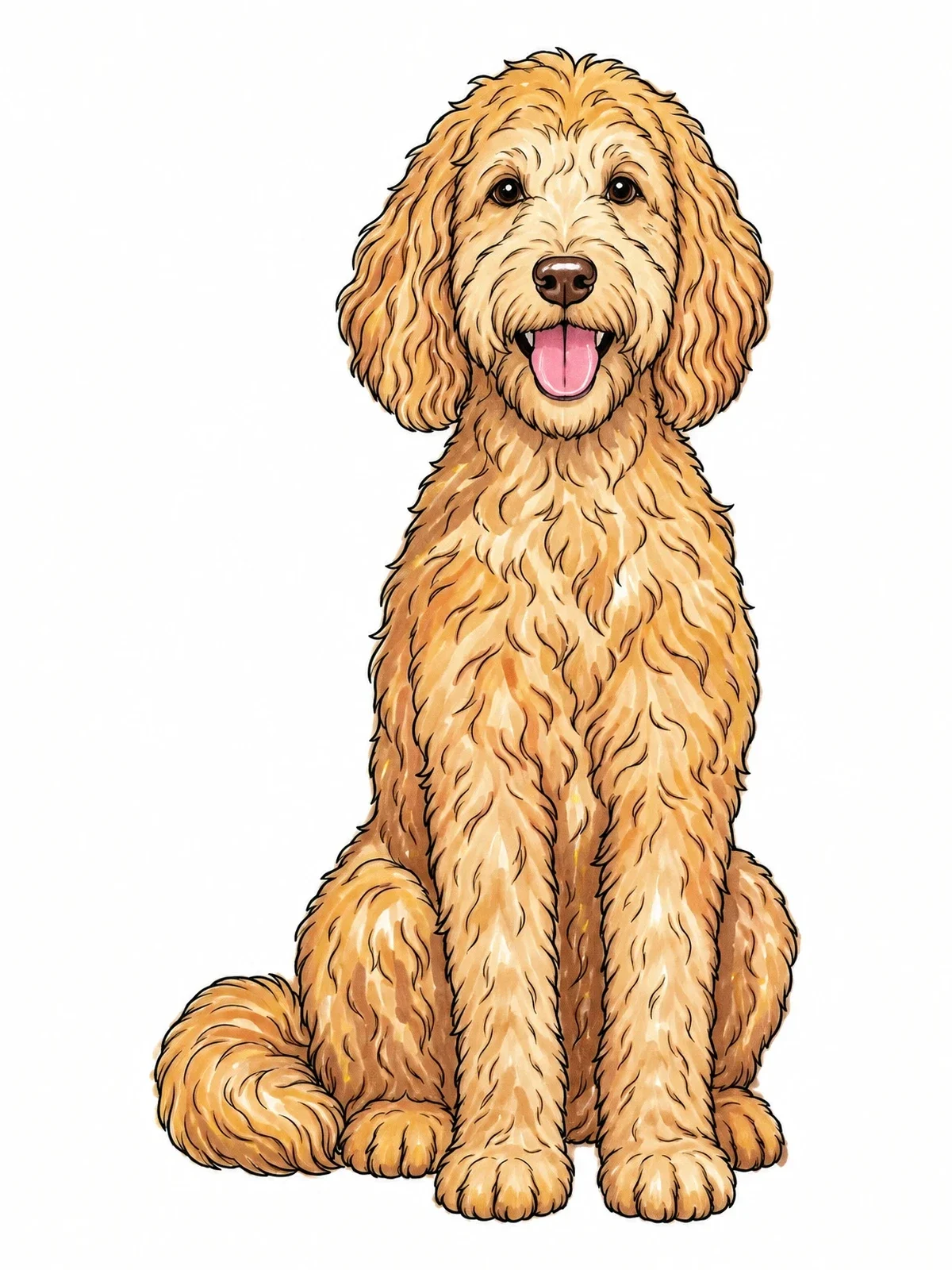 Colored example of the Happy Sitting Goldendoodle Dog coloring page