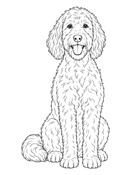 Free printable Happy Sitting Goldendoodle Dog coloring page