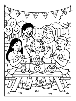 Free printable Smiley Birthday Party In Backyard coloring page